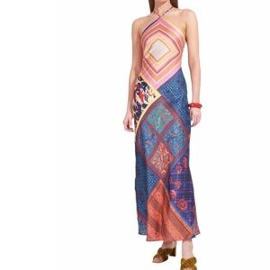Staud Cubism Printed Satin-Twill Halterneck Maxi Dress